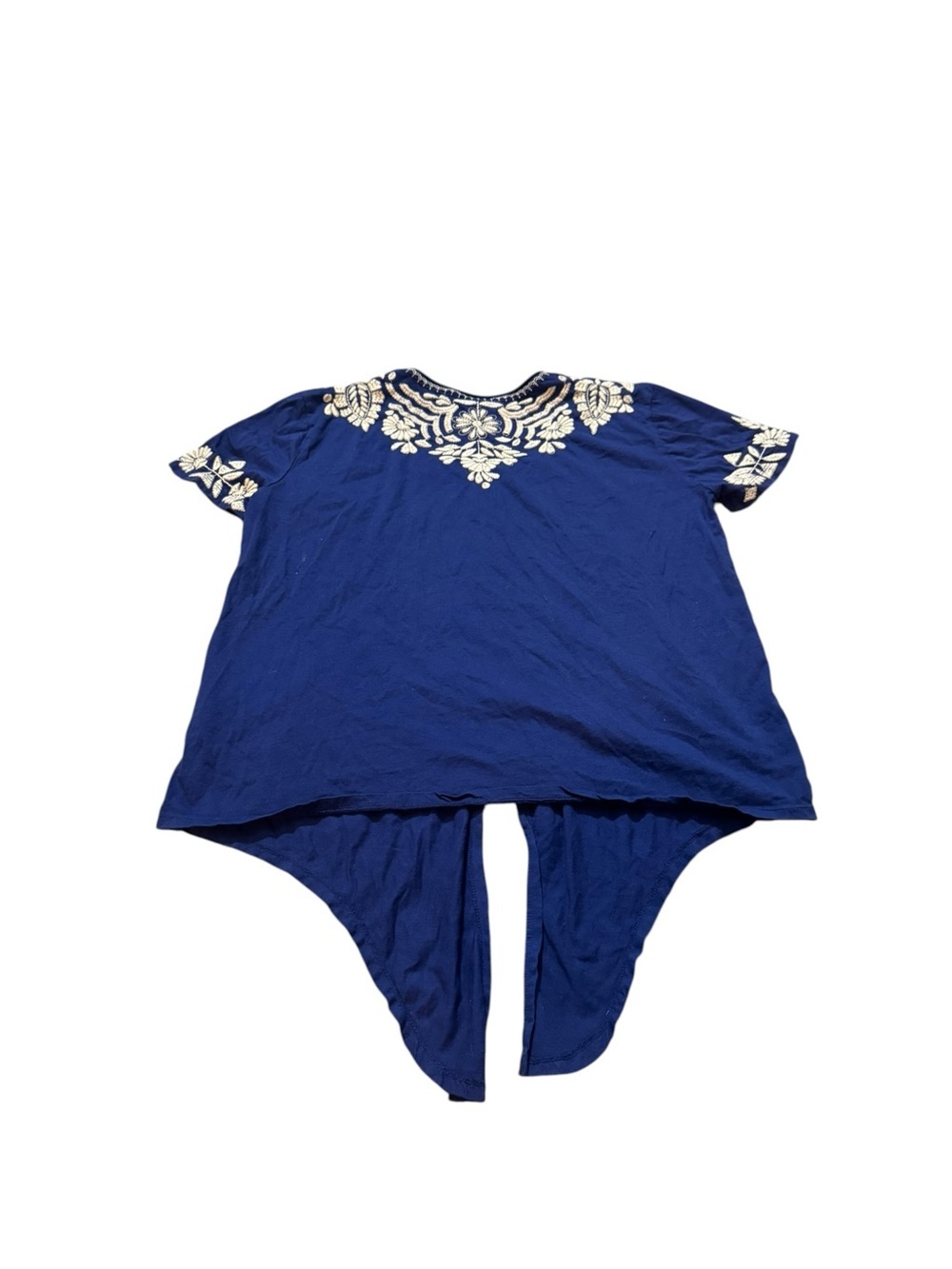 Johnny Was Embroidered Tie Waist Top Small Blue Cotton Boho Floral Tee - Picture 2 of 5